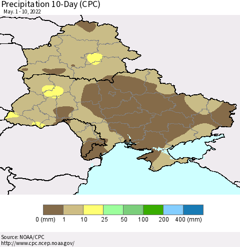 Ukraine, Moldova and Belarus Precipitation 10-Day (CPC) Thematic Map For 5/1/2022 - 5/10/2022