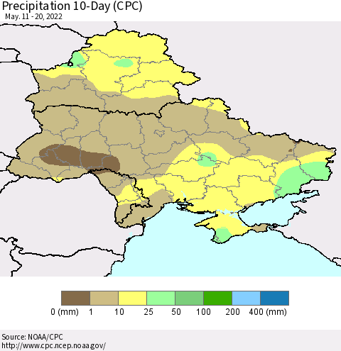 Ukraine, Moldova and Belarus Precipitation 10-Day (CPC) Thematic Map For 5/11/2022 - 5/20/2022