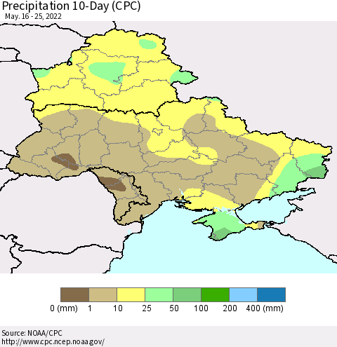 Ukraine, Moldova and Belarus Precipitation 10-Day (CPC) Thematic Map For 5/16/2022 - 5/25/2022