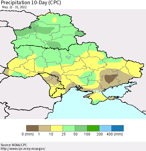 Ukraine, Moldova and Belarus Precipitation 10-Day (CPC) Thematic Map For 5/21/2022 - 5/31/2022