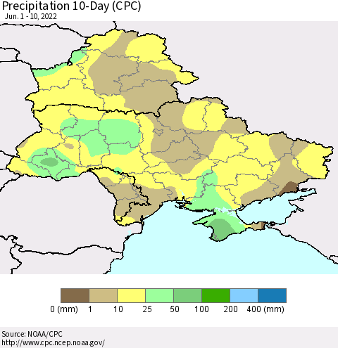 Ukraine, Moldova and Belarus Precipitation 10-Day (CPC) Thematic Map For 6/1/2022 - 6/10/2022