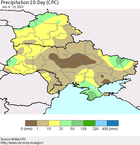 Ukraine, Moldova and Belarus Precipitation 10-Day (CPC) Thematic Map For 6/6/2022 - 6/15/2022