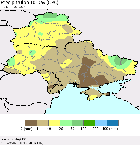 Ukraine, Moldova and Belarus Precipitation 10-Day (CPC) Thematic Map For 6/11/2022 - 6/20/2022