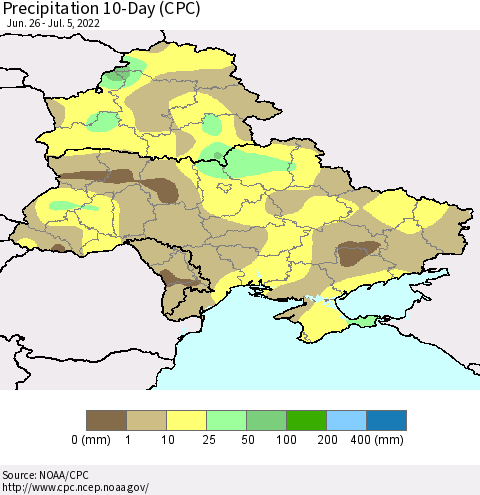 Ukraine, Moldova and Belarus Precipitation 10-Day (CPC) Thematic Map For 6/26/2022 - 7/5/2022