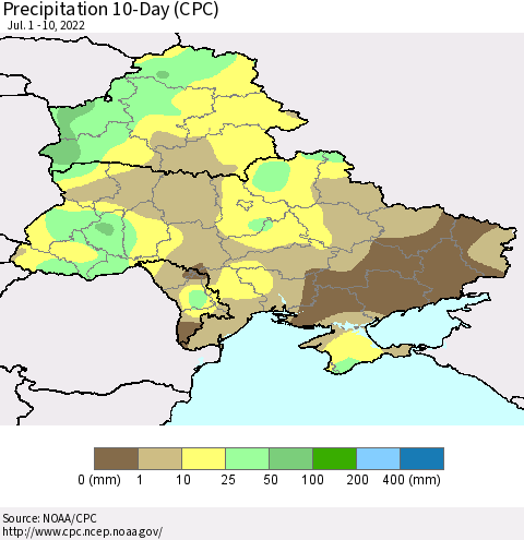 Ukraine, Moldova and Belarus Precipitation 10-Day (CPC) Thematic Map For 7/1/2022 - 7/10/2022