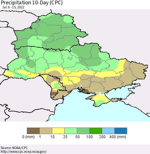 Ukraine, Moldova and Belarus Precipitation 10-Day (CPC) Thematic Map For 7/6/2022 - 7/15/2022