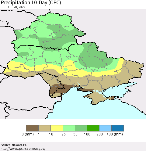 Ukraine, Moldova and Belarus Precipitation 10-Day (CPC) Thematic Map For 7/11/2022 - 7/20/2022