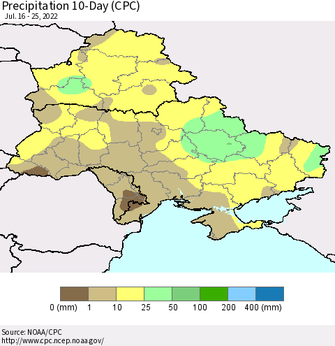 Ukraine, Moldova and Belarus Precipitation 10-Day (CPC) Thematic Map For 7/16/2022 - 7/25/2022
