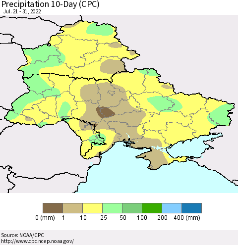 Ukraine, Moldova and Belarus Precipitation 10-Day (CPC) Thematic Map For 7/21/2022 - 7/31/2022