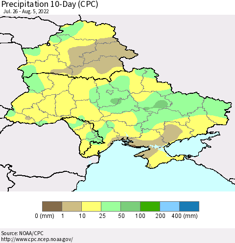 Ukraine, Moldova and Belarus Precipitation 10-Day (CPC) Thematic Map For 7/26/2022 - 8/5/2022