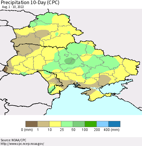 Ukraine, Moldova and Belarus Precipitation 10-Day (CPC) Thematic Map For 8/1/2022 - 8/10/2022