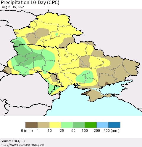 Ukraine, Moldova and Belarus Precipitation 10-Day (CPC) Thematic Map For 8/6/2022 - 8/15/2022