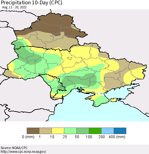 Ukraine, Moldova and Belarus Precipitation 10-Day (CPC) Thematic Map For 8/11/2022 - 8/20/2022
