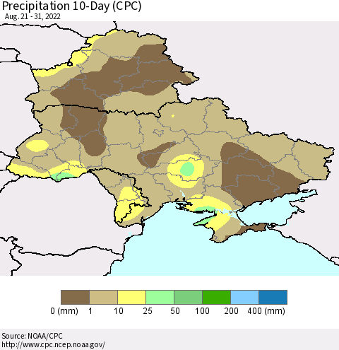 Ukraine, Moldova and Belarus Precipitation 10-Day (CPC) Thematic Map For 8/21/2022 - 8/31/2022