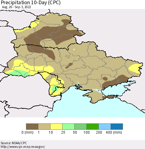 Ukraine, Moldova and Belarus Precipitation 10-Day (CPC) Thematic Map For 8/26/2022 - 9/5/2022