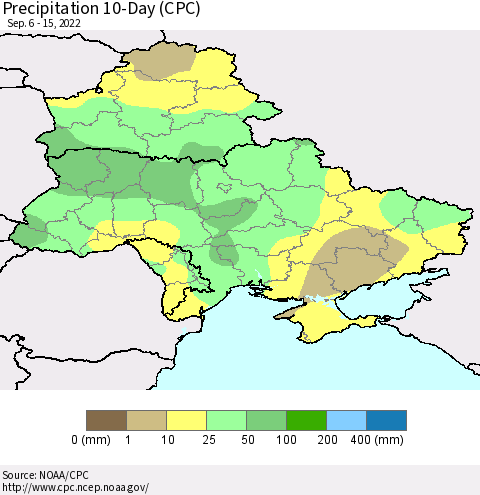 Ukraine, Moldova and Belarus Precipitation 10-Day (CPC) Thematic Map For 9/6/2022 - 9/15/2022