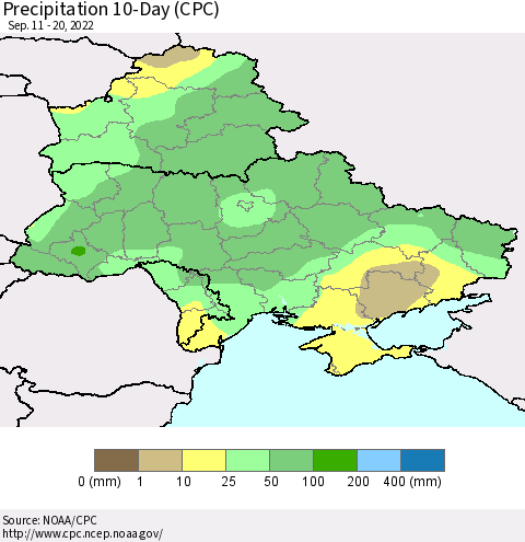 Ukraine, Moldova and Belarus Precipitation 10-Day (CPC) Thematic Map For 9/11/2022 - 9/20/2022