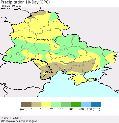 Ukraine, Moldova and Belarus Precipitation 10-Day (CPC) Thematic Map For 9/21/2022 - 9/30/2022