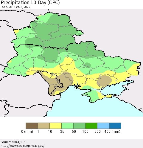 Ukraine, Moldova and Belarus Precipitation 10-Day (CPC) Thematic Map For 9/26/2022 - 10/5/2022