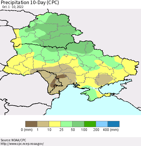 Ukraine, Moldova and Belarus Precipitation 10-Day (CPC) Thematic Map For 10/1/2022 - 10/10/2022