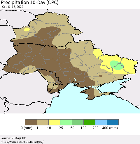 Ukraine, Moldova and Belarus Precipitation 10-Day (CPC) Thematic Map For 10/6/2022 - 10/15/2022