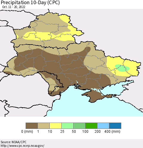 Ukraine, Moldova and Belarus Precipitation 10-Day (CPC) Thematic Map For 10/11/2022 - 10/20/2022