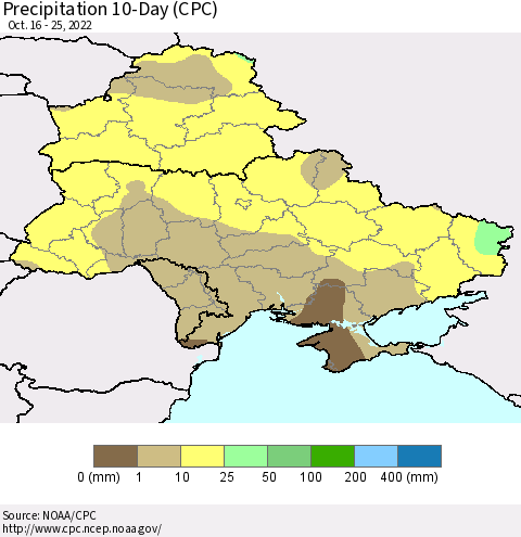 Ukraine, Moldova and Belarus Precipitation 10-Day (CPC) Thematic Map For 10/16/2022 - 10/25/2022