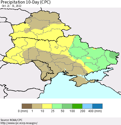 Ukraine, Moldova and Belarus Precipitation 10-Day (CPC) Thematic Map For 10/21/2022 - 10/31/2022