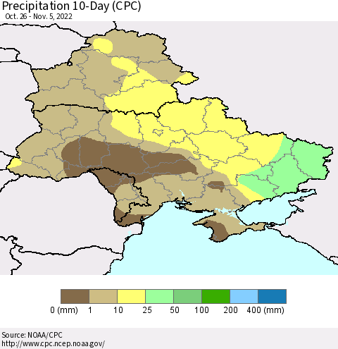 Ukraine, Moldova and Belarus Precipitation 10-Day (CPC) Thematic Map For 10/26/2022 - 11/5/2022