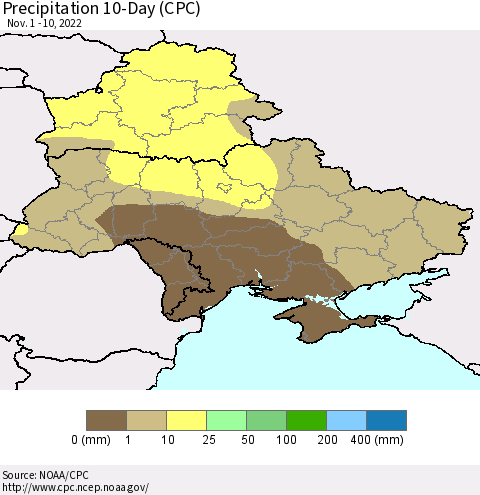 Ukraine, Moldova and Belarus Precipitation 10-Day (CPC) Thematic Map For 11/1/2022 - 11/10/2022