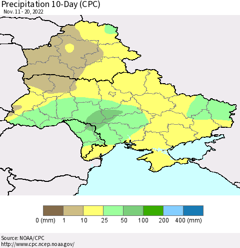 Ukraine, Moldova and Belarus Precipitation 10-Day (CPC) Thematic Map For 11/11/2022 - 11/20/2022