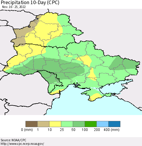Ukraine, Moldova and Belarus Precipitation 10-Day (CPC) Thematic Map For 11/16/2022 - 11/25/2022