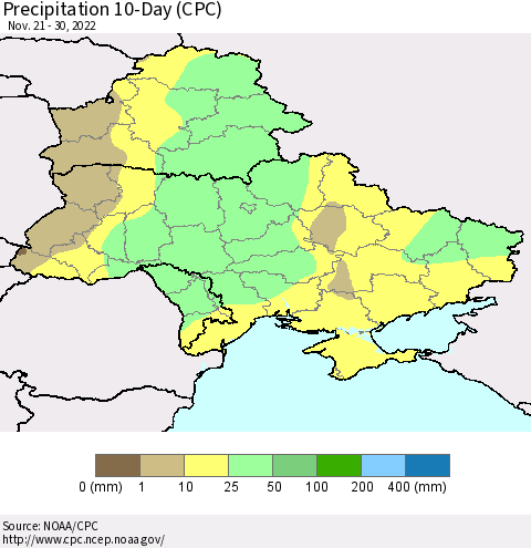 Ukraine, Moldova and Belarus Precipitation 10-Day (CPC) Thematic Map For 11/21/2022 - 11/30/2022