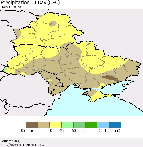 Ukraine, Moldova and Belarus Precipitation 10-Day (CPC) Thematic Map For 12/1/2022 - 12/10/2022