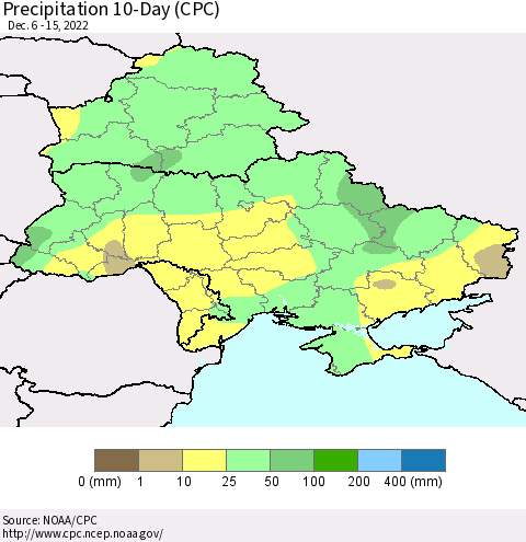 Ukraine, Moldova and Belarus Precipitation 10-Day (CPC) Thematic Map For 12/6/2022 - 12/15/2022