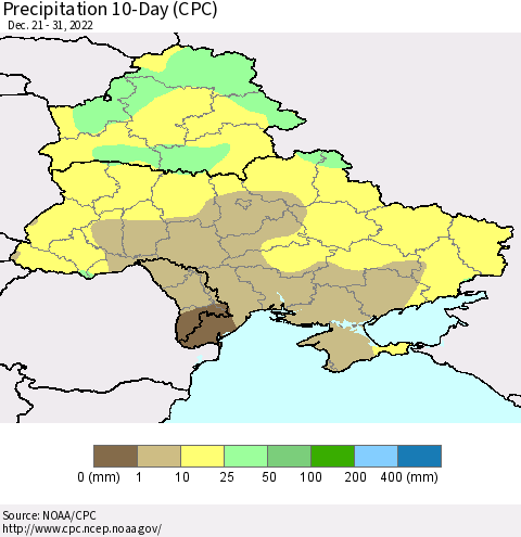 Ukraine, Moldova and Belarus Precipitation 10-Day (CPC) Thematic Map For 12/21/2022 - 12/31/2022