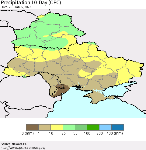 Ukraine, Moldova and Belarus Precipitation 10-Day (CPC) Thematic Map For 12/26/2022 - 1/5/2023
