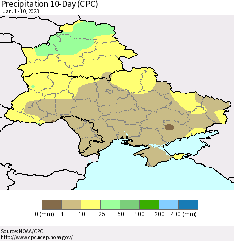 Ukraine, Moldova and Belarus Precipitation 10-Day (CPC) Thematic Map For 1/1/2023 - 1/10/2023