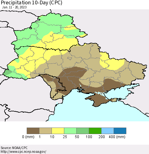 Ukraine, Moldova and Belarus Precipitation 10-Day (CPC) Thematic Map For 1/11/2023 - 1/20/2023