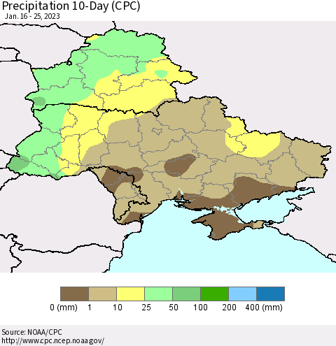 Ukraine, Moldova and Belarus Precipitation 10-Day (CPC) Thematic Map For 1/16/2023 - 1/25/2023