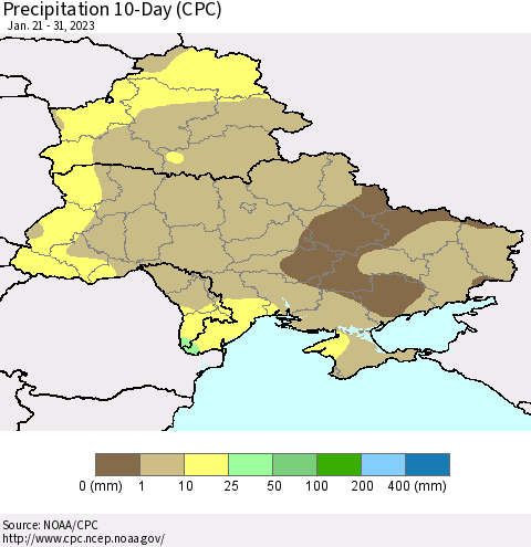 Ukraine, Moldova and Belarus Precipitation 10-Day (CPC) Thematic Map For 1/21/2023 - 1/31/2023