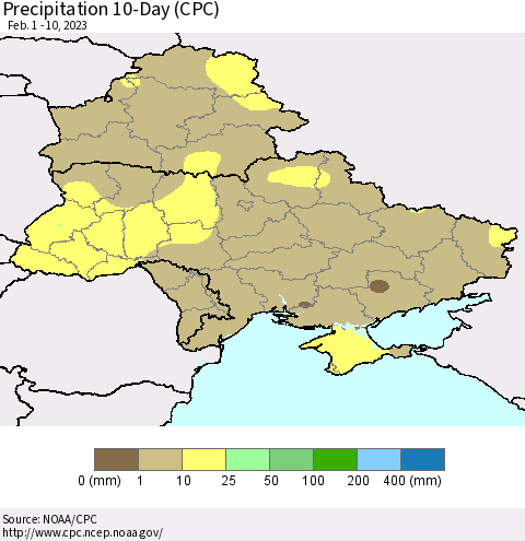 Ukraine, Moldova and Belarus Precipitation 10-Day (CPC) Thematic Map For 2/1/2023 - 2/10/2023