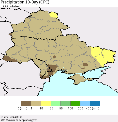Ukraine, Moldova and Belarus Precipitation 10-Day (CPC) Thematic Map For 2/6/2023 - 2/15/2023