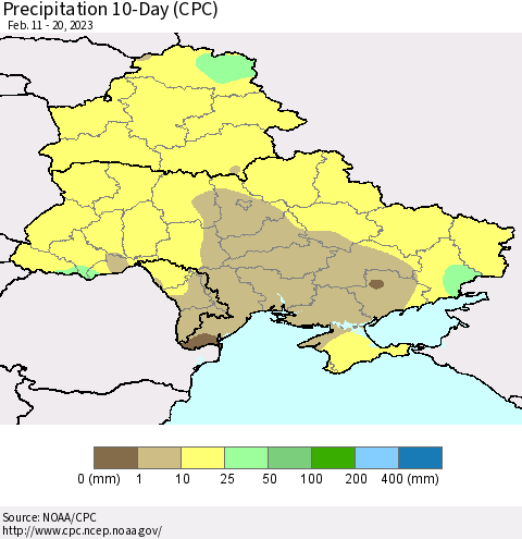 Ukraine, Moldova and Belarus Precipitation 10-Day (CPC) Thematic Map For 2/11/2023 - 2/20/2023