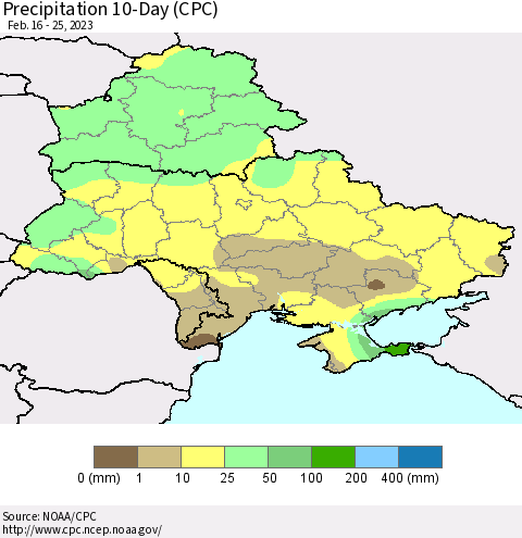 Ukraine, Moldova and Belarus Precipitation 10-Day (CPC) Thematic Map For 2/16/2023 - 2/25/2023
