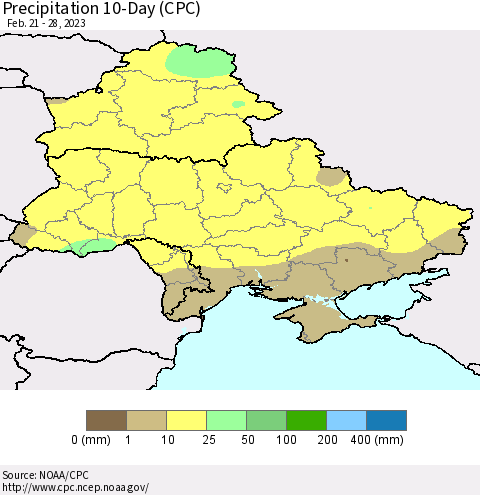 Ukraine, Moldova and Belarus Precipitation 10-Day (CPC) Thematic Map For 2/21/2023 - 2/28/2023