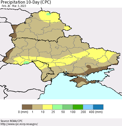 Ukraine, Moldova and Belarus Precipitation 10-Day (CPC) Thematic Map For 2/26/2023 - 3/5/2023