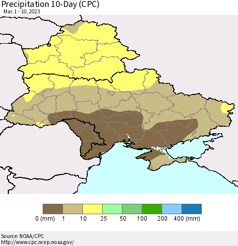 Ukraine, Moldova and Belarus Precipitation 10-Day (CPC) Thematic Map For 3/1/2023 - 3/10/2023