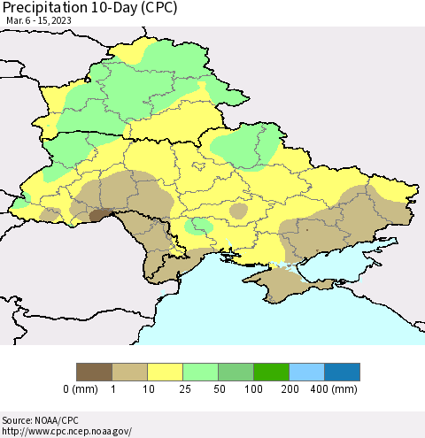 Ukraine, Moldova and Belarus Precipitation 10-Day (CPC) Thematic Map For 3/6/2023 - 3/15/2023