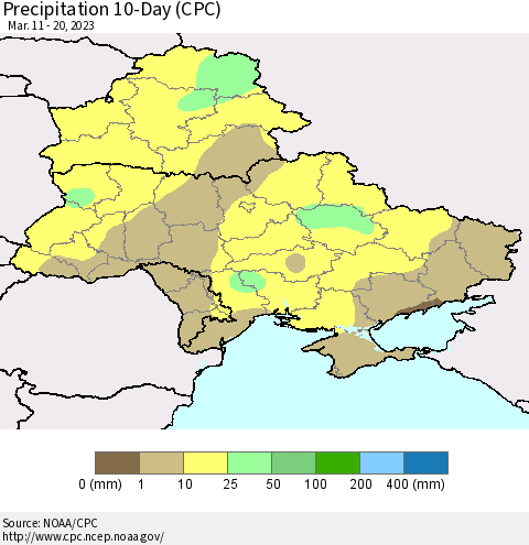 Ukraine, Moldova and Belarus Precipitation 10-Day (CPC) Thematic Map For 3/11/2023 - 3/20/2023